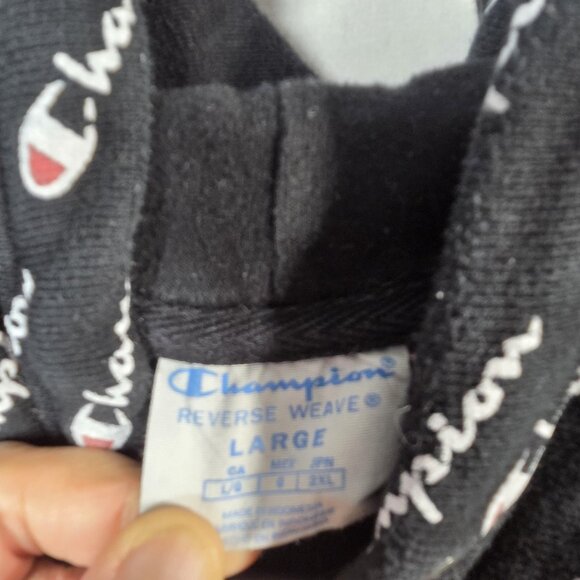 Champion Hoodie Mens Large Black Reverse Weave All Over Logo Script Pullover - Picture 3 of 10